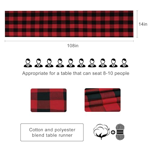 Buffalo Plaid Cotton Blend Table Runner - Classic Farmhouse Check Collection, 14x108 Inches, Red and Black - color: Red and Black, size: 14*108inch