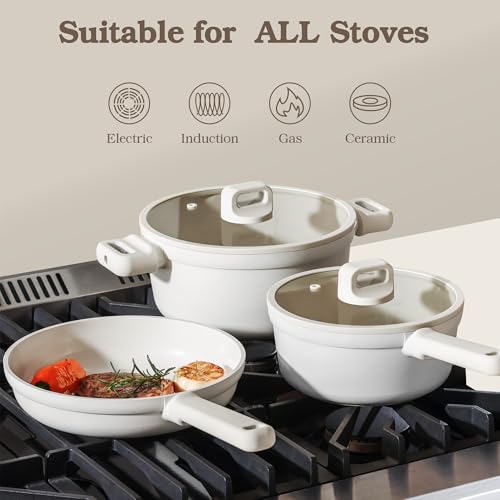 SENSARTE Ceramic Pots and Pans Set Nonstick, 20Pcs Cookware Set, White | Non Stick Ceramic Coating, Non-toxic Healthy Kitchen Cooking Set, Induction Compatible, Dishwasher Safe, PFAS/PTFE/PFOA Free - color: Cream White