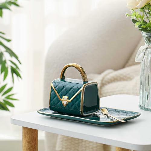 Zubebe 1 Set Coffee Mug Elegant Handbag Shaped Cup Modern Ceramic Purse Mug with Spoon and Saucer, 10oz Cute Creative Tea Cup for Woman Girls Gift (Dark Green) - color: Dark Green