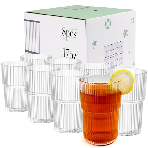 17oz Shatterproof Ribbed Glasses, Plastic Tumblers for Poolside – Clear Acrylic Cups, Stackable & Reusable, Dishwasher Safe Drinkware – Set of 8 - style: 8pack
