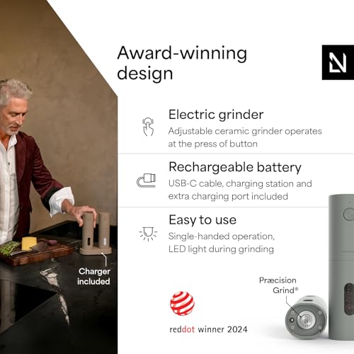 LARS NYSØM Electric Salt and Pepper Grinder Set, USB Rechargeable, Automatic Salt and Pepper Mills, Spice Shakers Refillable with LED Light, Adjustable Coarseness, Ceramic Grinder (Ash Gray) - color: Ash Gray