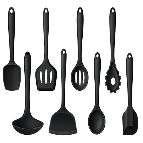 LIANYU Non-Toxic Cooking Utensils Set of 8, Silicone Black Kitchen Utensils | Healthy Kitchen Tools for Non-Stick Cookware, with Spatula & Spoon, Stainless Steel Core, Healthy & Heat Resistant - color: Black