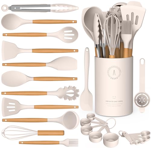 Silicone Cooking Utensils Set - AVGPD Silicone Kitchen Utensils for Cooking Wooden Handles, 446°F Heat Resistant Kitchen Utensil Spatula Sets w Holder, Gadgets for Non-Stick Cookware BPA FREE (Khaki) - color: Khaki