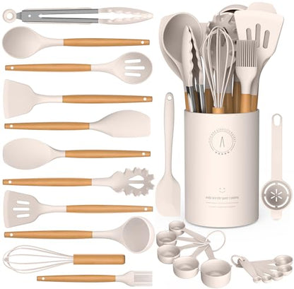 Silicone Cooking Utensils Set - AVGPD Silicone Kitchen Utensils for Cooking Wooden Handles, 446°F Heat Resistant Kitchen Utensil Spatula Sets w Holder, Gadgets for Non-Stick Cookware BPA FREE (Khaki) - color: Khaki