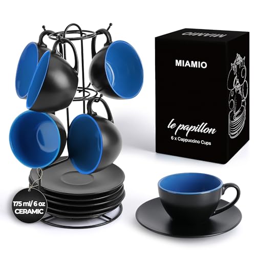 MIAMIO - Set of 6, Ceramic Stackable Cappuccino Cups Set / 6 Ounce Cappuccino Mugs and Saucer with Metal Stand for Coffee Drinks, Cafe, Latte, Americano and Tea - Le Papillon Collection (Blue) - color: Blue