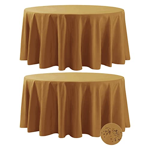 Fokitut 2 Pack Waterproof Round Tablecloth, 132 Inch, Stain Resistant and Wrinkle Polyester Table Cloth, Fabric Table Cover for Kitchen Dining, Wedding, Party, Holiday Dinner-Gold - color: Gold, size: Round-132''-2pack