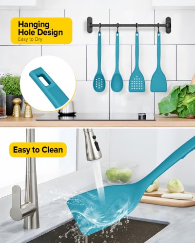 Pack of 4 Silicone Cooking Utensils Set, Non Stick Solid Spatulas and Heat Resistant Slotted Spoons with Back Hooks, Ideal BPA Free Kitchen Utensils Set for Frying,Serving,Turning,Stirring (BLUE) - color: Blue