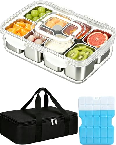 Snackle Box Container, Stainless Steel Divided Serving Tray with Lid and Handle,Large Snack Tray for Fruit Veggie, 8-Compartment Snack Platter for Travel Party Beach Picnic,with Ice Pack(Silver White) - color: Silver White, size: 8 Compartment (13.38"L x