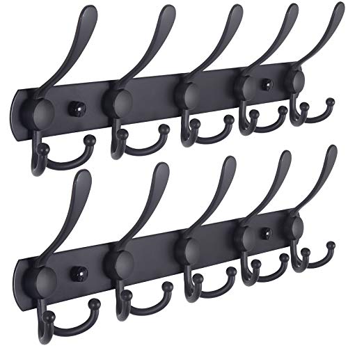 Coat Rack Wall Mounted - 5 Tri Hooks, Heavy Duty, Stainless Steel, Metal Coat Hook Rail for Coat Hat Towel Purse Robes Mudroom Bathroom Entryway (Black, 2 Packs) - color: Black, size: L=16" (2 Pcs)