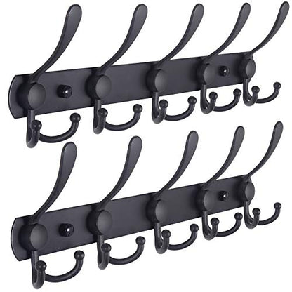 Coat Rack Wall Mounted - 5 Tri Hooks, Heavy Duty, Stainless Steel, Metal Coat Hook Rail for Coat Hat Towel Purse Robes Mudroom Bathroom Entryway (Black, 2 Packs) - color: Black, size: L=16" (2 Pcs)