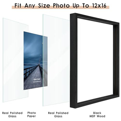 MUYE 12x16 Floating picture Frames Set of 2,Double Glass Frame,Display Any Size Photo up to 12x16,Wall Mount or Tabletop Standing,Black - color: Black, size: 12x16