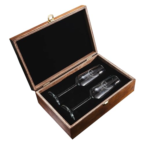 Personalized Champagne Flutes in Wooden Gift Box – Engraved Wedding Champagne Glass Set of 2, Custom Design & Name, Luxury Wedding Gift (Champagne Flutes-Box Set) - color: Champagne Flutes-Box Set