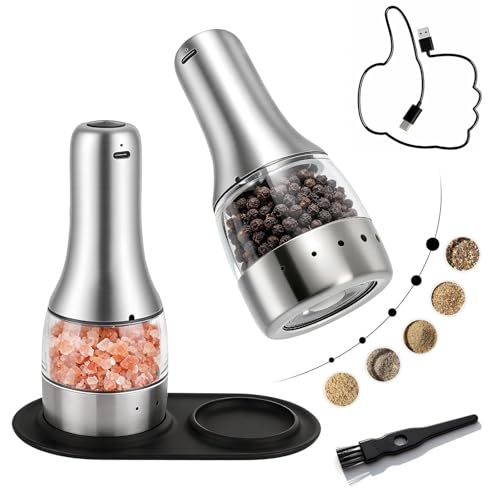 Electric Salt and Pepper Grinder Set - Larger Capacity Pepper Mill | Stainless Steel Automatic Salt and Pepper Shakers - 5 Adjustable Coarseness Rechargeable Pepper Grinder with LED Light