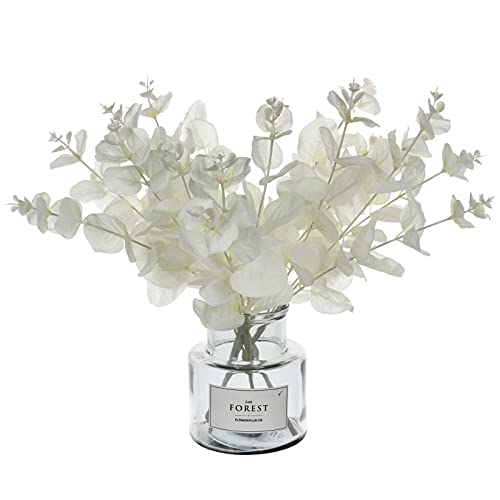 Tinsow 5 Pcs Artificial Eucalyptus Branches Real Touch Leaf Stem White Faux Eucalyptuses Wedding Bouquet Centerpiece Christmas Home Decor (White and Beige Mix, 5) - color: White