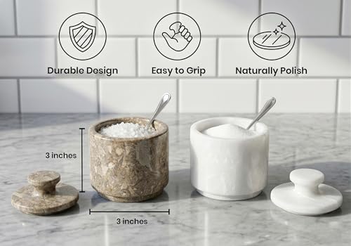 Marble Salt Cellar with Lid - Stone Salt Container for Countertop, Salt Box Keeper for Kitchen Counter, 3.5 oz OceanicX Marble Cellar (White Oceanic) - color: White Oceanic