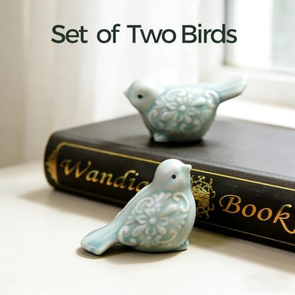 Ceramic Green Bird Figurines Set of 2, Hand-Painted Decorative Bird Statues for Shelves Cabinet Home Office Decor