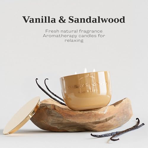 Hidden Label Vanilla Sandalwood Candle, 18oz 3 Wick, 70H Gold Bowl | Warm Amber Glass with Mirror Lid | Natural Non Toxic Soy Wax | Luxury Aromatherapy Gift for Women - color: Vanilla & Sandalwood