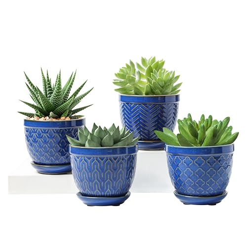 Sureasy Ceramic Plant Pots, 4.7 Inch Flower Pots for Indoor Plants, Succulent Pots with Saucer and Drainage Hole, Decorative Planter for Succulent, Cactus, Set of 4, Blue - color: Blue, size: 4.7 inch