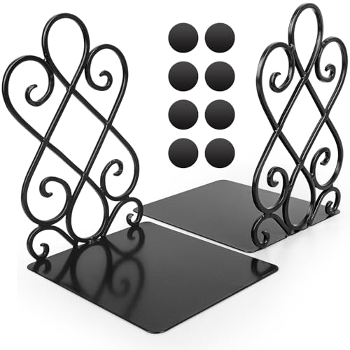 Anwenk Vintage Bookends with Felt Pads 2.2LB Heavy Duty Bookend Holder Long Base, Luxury Art Book Stand Retro Antique Style,Non-Skid Felt Pads to Protect Bookshelf Bookcase-Black,1 Pair - color: Black
