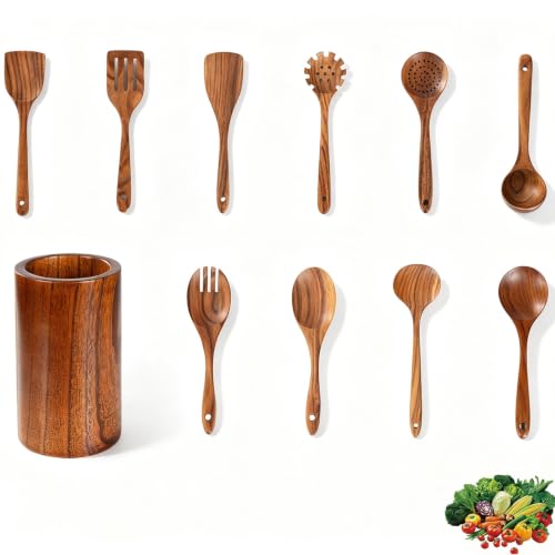 11 Pcs Acacia Wood Kitchen Utensils Set with Storage Holder, Handcrafted Natural Wooden Cooking Tools, Gentle for Non-Stick Cookware, Farmhouse Kitchen Decor & Ideal Housewarming Gift Style-C