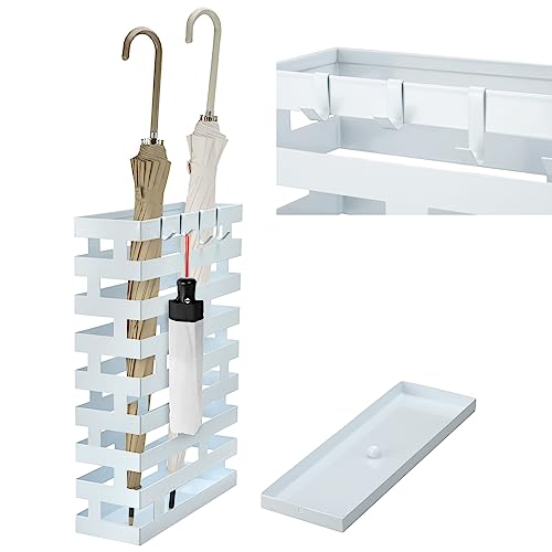 Umbrella Stands for Entryway Large Metal Umbrella Holder with Removable Water Tray and Hooks Decor Freestanding Rectangular Umbrella Hollow Rack for Home Office (White, 3.94 x 11.81 x 16.93 Inch) - color: White, size: 3.94 x 11.81 x 16.93 Inch