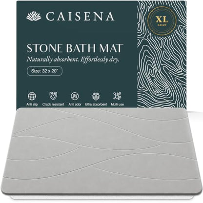 Extra Large Stone Bath Mat 32 x 20 Inch | Quick Dry Diatomaceous Earth Bath Mat | Includes Anti Slip Pad & Restoration Kit - A Quick Dry Bath Mat & Cleaner Alternative to Fabric | Light Gray XL