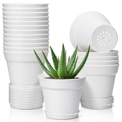 T4U Small Plant Pots 5 Inch 18 Pack, Plastic Flower Pots with Saucer White | Nursery containers for succulents cactus herbs, Desk windowsill shelf, Violet african violet, Compact lightweight - color: White, size: 5 In