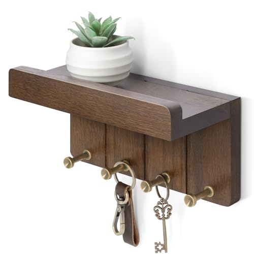 Rebee Vision Small Key Holder Wall Mount with 4 Hooks for Entryway, Brown | Key and Mail Holder for Wall, Mail Organizer, Mini Floating Shelf, Plant Display, Apartment Aesthetic, Compact Storage - color: C - Brown, size: Small - 8 inch