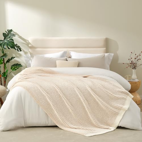 Snuggle Sac Cream Waffle Blanket for Couch Bed Sofa 60x80 inches, Reversible Beige Soft Throw Microfiber Fluffy Fuzzy Cozy Knit Twin Blanket for Women Mothers Birthday Gifts - color: Waffle Beige Cream, size: Twin(60"x80")