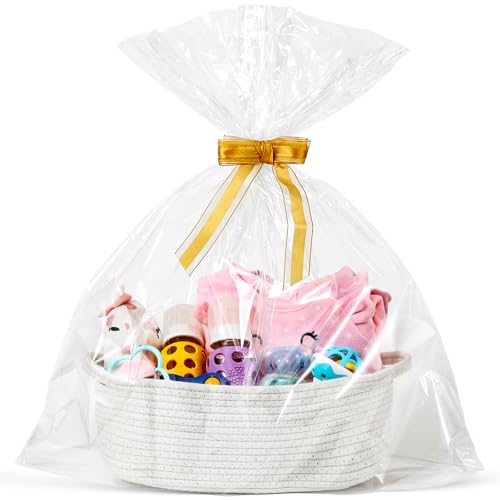 LANDNEOO Small Woven Basket with Gift Bags and Ribbons, Empty Decorative Gift Chest Box, Cute Baby Gift Basket for Nursery, Cotton Rope Room Shelf Storage Basket with Handles, 12"x 8"x 5",White - color: White
