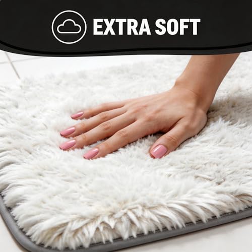 Shaggy Bathroom Rugs Set Plush Velvet Bath Rugs Non-Slip Bath Mat Set 3 Piece,Washable Mats,Absorbent Shaggy Rugs Super Soft U-Shaped Toilet Rug,Bahroom Carpets for Bathroom,Tub,Shower(White - color: White