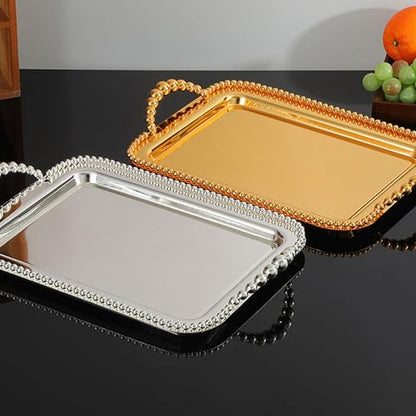 Asixxsix Metal Serving Tray, 16.5 x 11.0 inch Rectangular Stainless Steel Food Serving Tray European Retro Style Mirror Coffee Table Dessert Platter for Buffet Wedding Party (Gold) - color: Gold