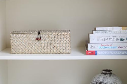 3 Section Seagrass Storage Basket, Handmade Shelf Baskets with Lid for Bathroom/Closet/Livingroom - color: Whitewash 3 Section with Lid