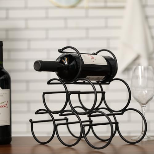 JHY DESIGN Iron Tabletop Wine Rack 11.5''x6''x10.5'' Rustic Wine Bottle Rack Storage Wine Shelf Freestanding Wine Holder Portable Wine Cabinet Mini Bar for Home Counter(6 Bottles Design Dia 3.5inch)