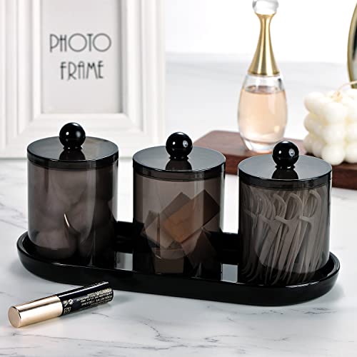 SheeChung 3 PCS Qtip Holder Bathroom Set with Tray, Acrylic Apothecary Jars | Black Qtip Dispenser with Lid and Labels, Bathroom Qtip Holder Set for Cotton Ball, Cotton Swab 1 Pack Bathroom Vanity Tray - color: Black