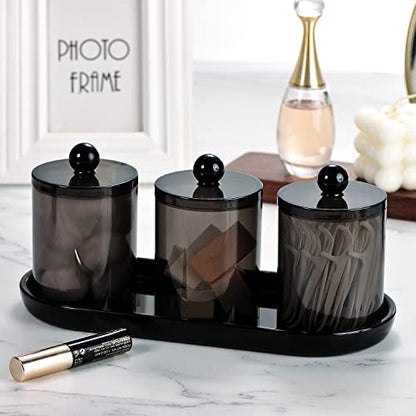 SheeChung 3 PCS Qtip Holder Bathroom Set with Tray, Acrylic Apothecary Jars | Black Qtip Dispenser with Lid and Labels, Bathroom Qtip Holder Set for Cotton Ball, Cotton Swab 1 Pack Bathroom Vanity Tray - color: Black