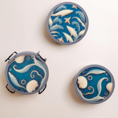 Absorbent Coasters for Drinks with Holder - 6packs, Silicone Coastes with Soft Felt Insert (4.3 inch Coasters with 4.5 inch Holder, Dual-Sided Ocean -Themed Patterns) - color: Dual-sided Ocean-themed Patterns