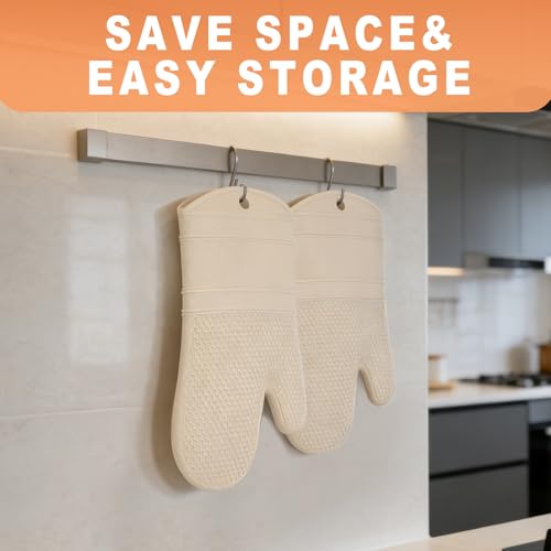 YUTAT Silicone Oven Mitts,Heat Resistant 2PCS Oven Mitts with Soft Polyester Filling,Perfect for Baking and Cooking,Khaki - color: Khaki-honeycomb Surface, size: 13“L x 7"W-2 Piece