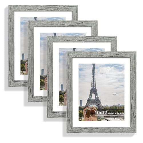 Hongkee 10x12 Picture Frame Set of 4, Made of Real Glass and Grey Frame - Display Picture 8x10 with Mat or 10x12 Without Mat, 10 by 12 Photo for Wall Mounting - color: Grey, size: 10x12 in