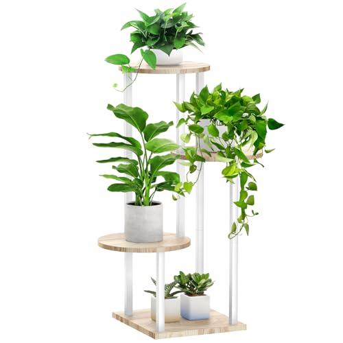 4 Tier White Metal Wooden Tall Plant Stand Indoor Shelf Flower Pot Holder for Multiple Plants, Corner Display Rack for Living Room Balcony Patio Garden - color: White Oak, size: 4 Tier