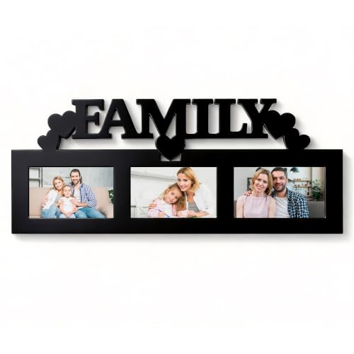 FAMILY Multi Photo Frame Wall Decor, One-Piece MDF 3 Opening 4x6 Picture Frame Collage, Rustic Farmhouse Wall Hanging Frame, Durable Melamine Finish, Easy to Hang, Display Family Memories (Black, 21.3” x 9.4”) - color: black, size: 21.3"x 9.4"(3-Opening)