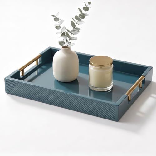 Decorative Serving Tray, Modern Rectangle Wood Tray with Polished Metal Handles, Glossy Finish, 16.5x12 Inch, for Coffee Table, Ottoman (Teal) - color: Teal