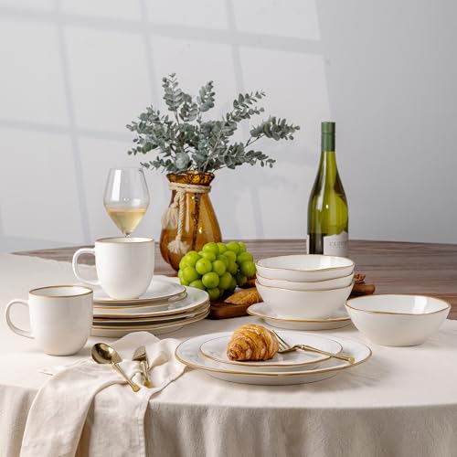 AmorArc Ceramic Dinnerware Sets for 4, Handmade Plates and Bowls Sets | Stoneware Reactive Glaze Dish Set, Scratch Resistant, Dishware Set for Kitchen Wedding, Dishwasher & Microwave Safe - color: Reactive White