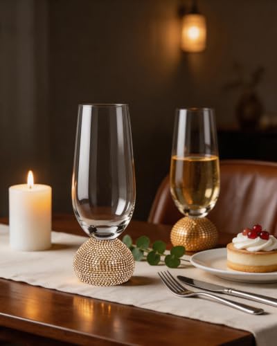 Stemless Fancy Champagne Flutes set of 4,Luxury Crystal Wedding Glasses | 10 oz Hand Blown Unbreakable Mimosa Glasses,for Weddings, Anniversaries, Christmas, Special Days (Gold Clear) - color: Gold Champagne glass