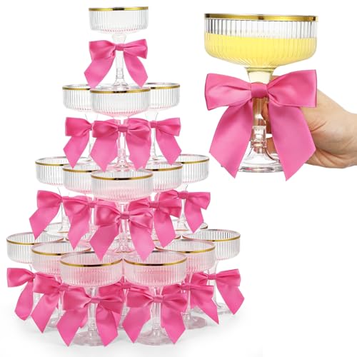 Set of 24 Plastic Champagne Coupe Glasses with Bow 7 oz Gold Champagne Tower Set Stackable Acrylic Ribbed Martini Glasses Cocktail Coupe Cup for Wedding Birthday Party Bar(Ribbon,Hot Pink) - color: Hot Pink, style: Ribbon