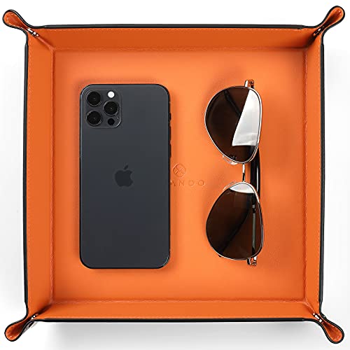 VLANDO Travel Valet Tray, Foldable PU Leather Catchall Tray, Orange Black | Valet Tray for Men and Women, Key Wallet Watch Phone Jewelry Organizer for Nightstand, Dresser, Desk, Entryway, Hotel, Dorm - color: A-Orange, size: 11'' x 11'' x 0.2''