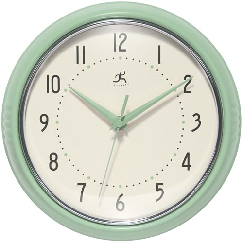 Infinity Instruments Retro Round Metal Wall Clock, Meadow Mist, 9.5" - color: Meadow Mist, size: 9.5 Inch