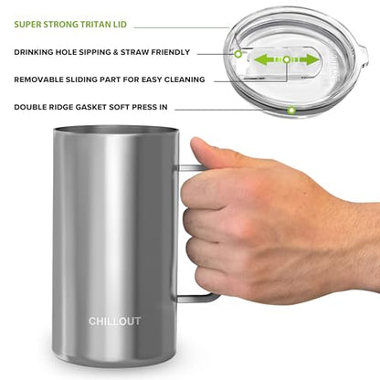 CHILLOUT LIFE Stainless Steel 20 oz Vacuum Insulated Coffee Mug with Handle and Lid, Large Thermal Camping Coffee Mug Cup with Durable Sliding Lid for Men & Women, Keeps your Beverages Hot/Cold - color: Stainless Steel, size: 20 Ounces
