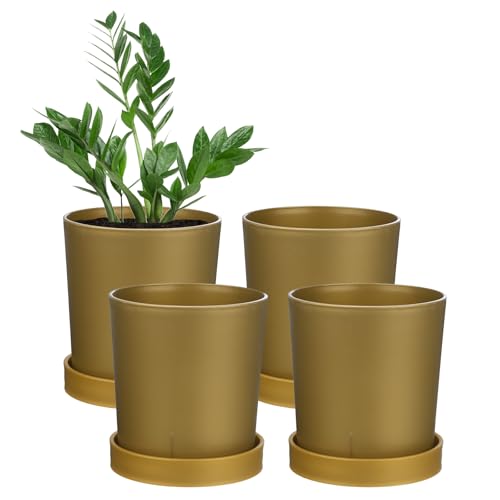 M METERXITY 4-Pack Plant Pots, 4.5 Inch Plastic Flower Pots with Drainage Holes for Cactus/Succulents Pot/Small Plants/Home/Garden, Planters for Indoor Plants [Gold] - color: Gold, size: Diameter 4.5 Inch