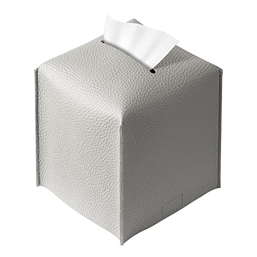 REGELETO Square Tissue Box Cover, Pu Leather Tissue Box Holder with Bottom Belt Modern Stylish Tissue Box Organizer for Bathroom, Bedroom, Hotel, Office Desk 5"X5"X5"-Grey - color: Single Grey
